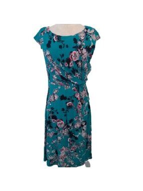 Dana Buchman Floral Dream Dress, Teal/Coral/Black/White, Size Large